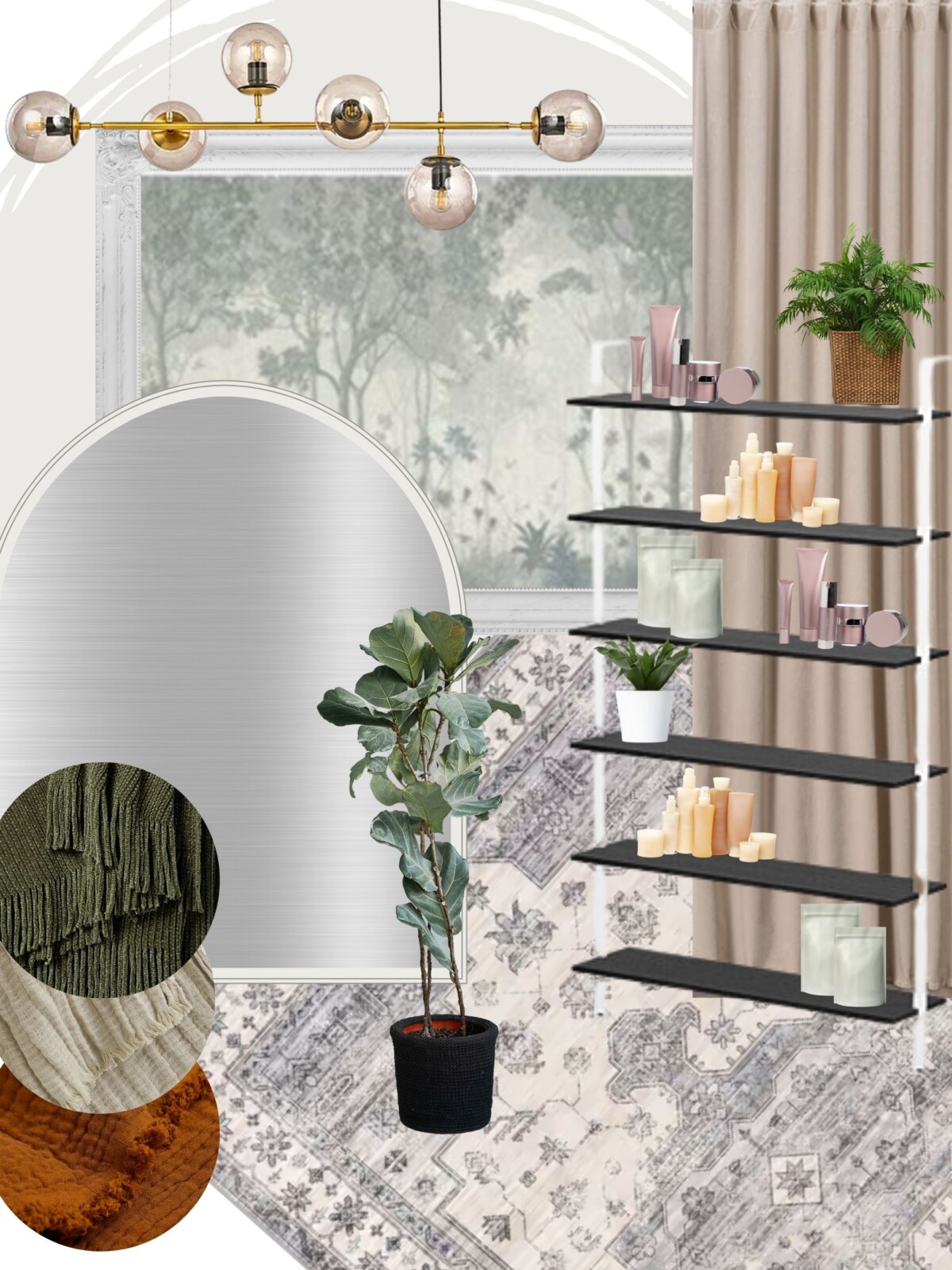 aesthetics space design board featuring warm green, burnt orange and a large mural with arched mirror