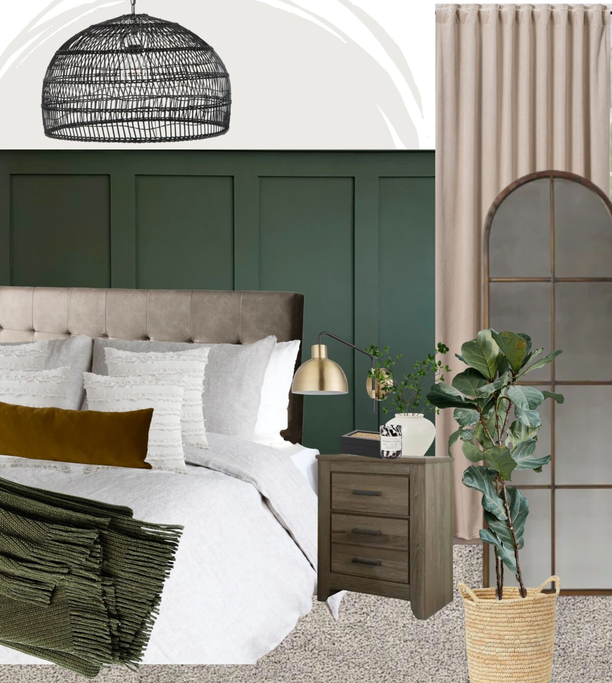 bedroom design plans featuring a leather tufted headboard, arched farmhouse mirror, woven light fixture ad half batten wall feature in deep green. Also includes the existing carpet and nightstand for design