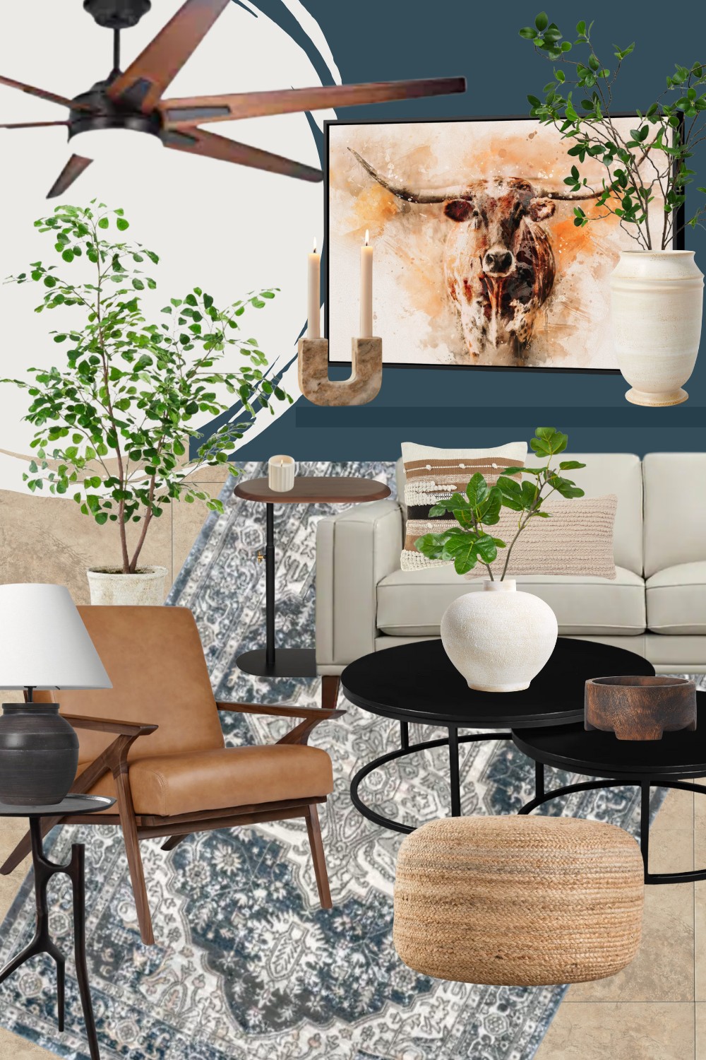 design board for a living room featuring navy blue accent wall, plants, white leather sofa, caramel leather chair, round coffee tables, blue rug, light flooring, lamps and jute pouff as well as watercolor long horn print