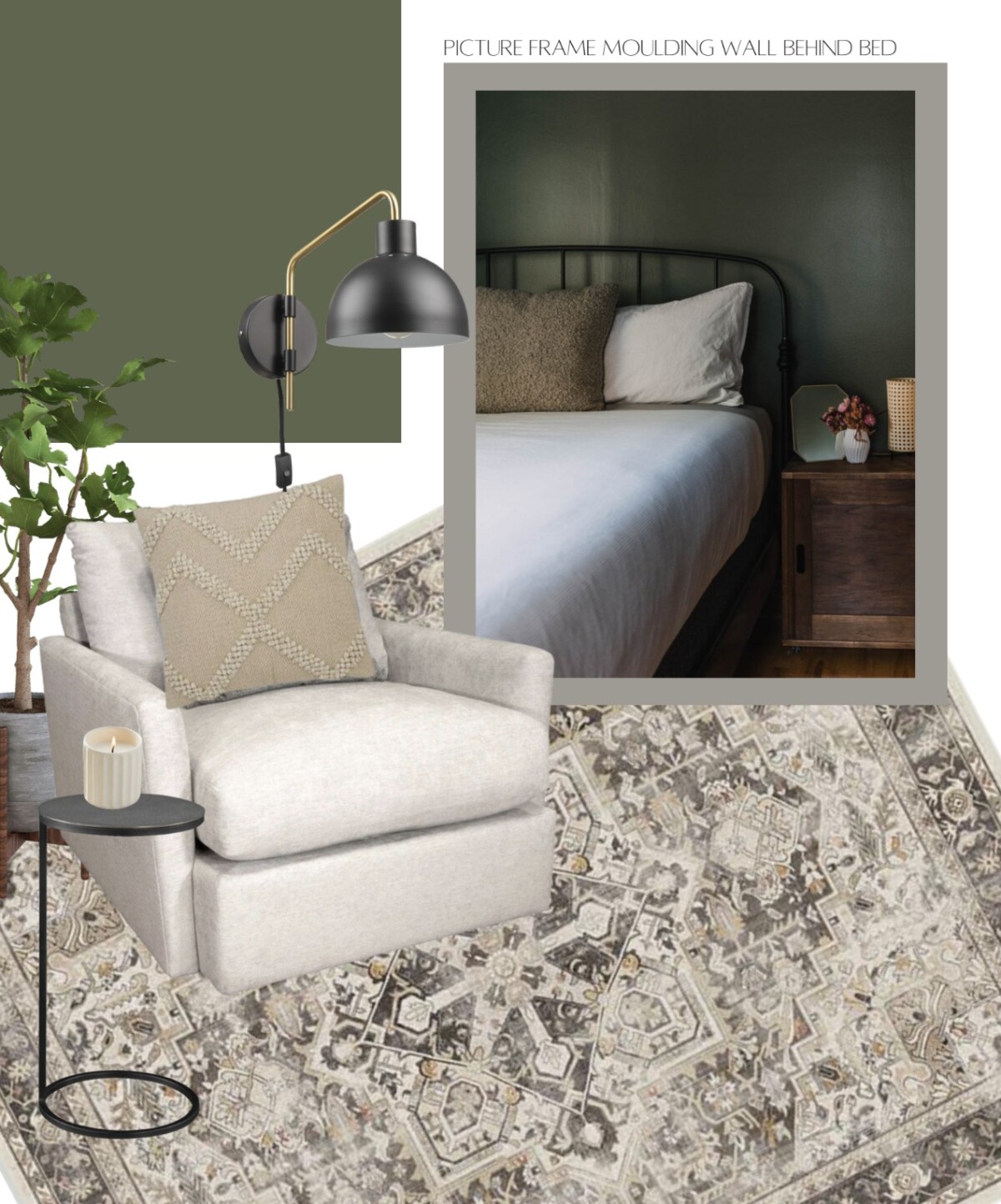 design board using photo as inspiration, shows bedroom photo overlayed on a design board featuring rug, arm chair and green wall paint