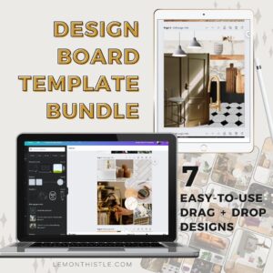 image of digital mockups being made on both a computer and ipad text over reads: design board template bundle other section of text: 7 easy to use drag and drop designs background image shows all 7 designs included