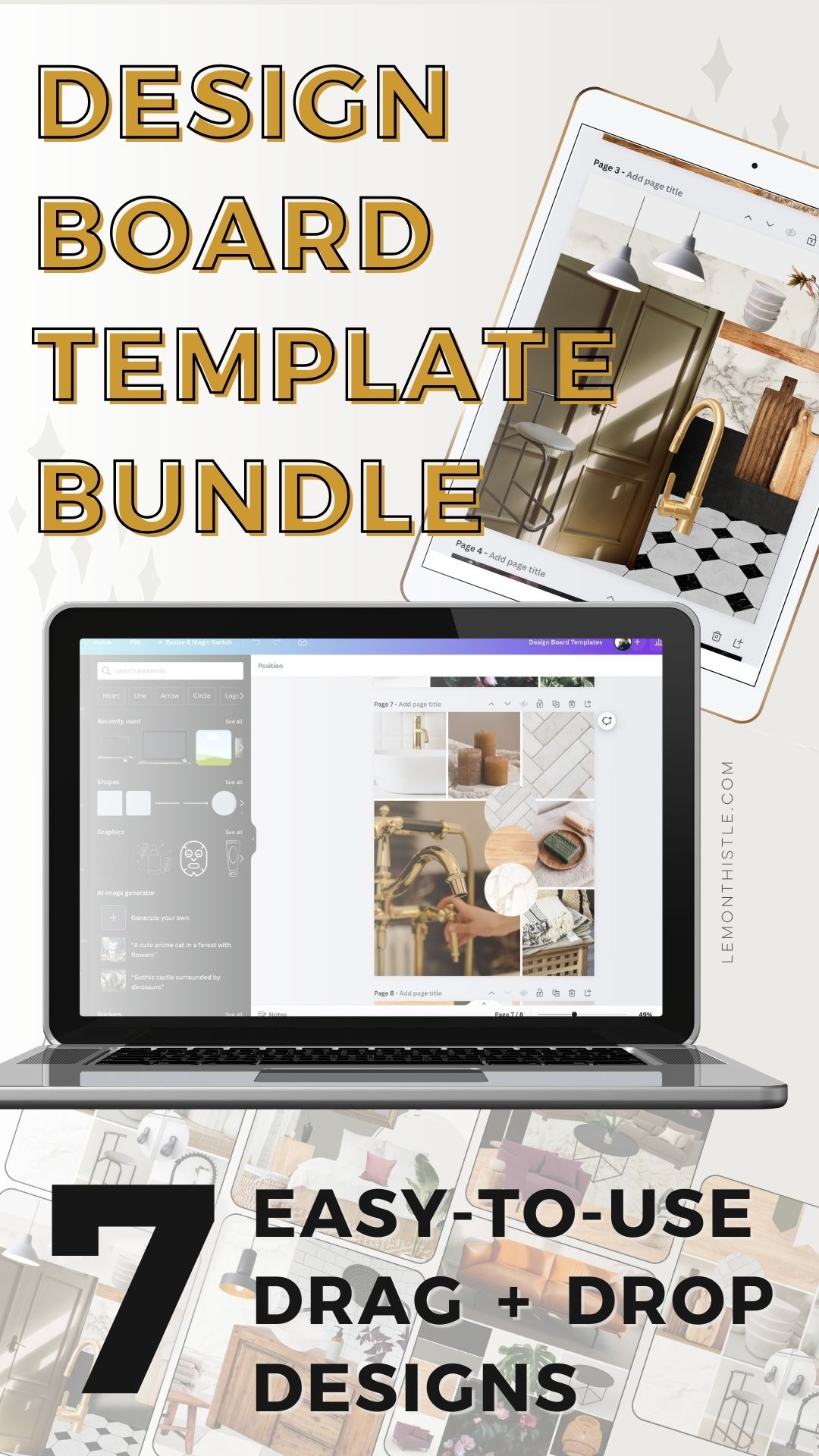 image of computer with mockups in use and ipad showing other mockup design. text over reads: design board template bundle, 7 easy-to-use drag and drop designs