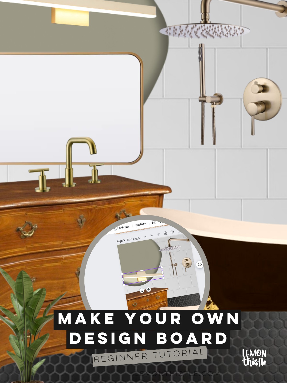 image of a vintage style bathroom design board with layered elements, image overlay of a mood board being made in canva. text reads: make your own design board: beginner tutorial
