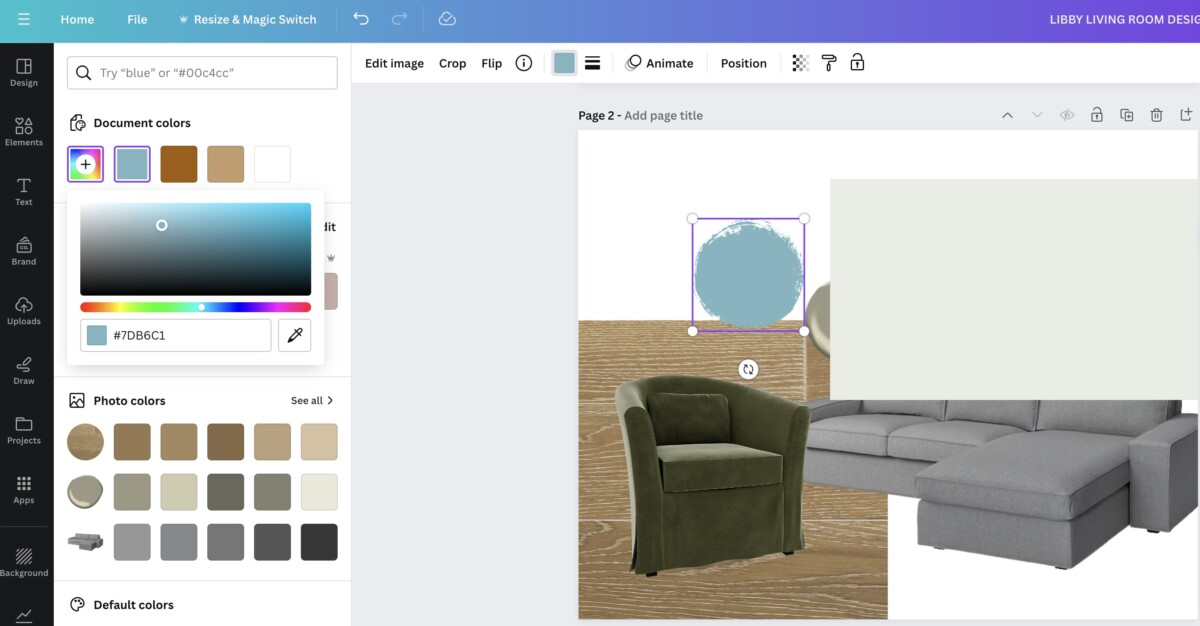screenshot: image shows how to choose an exact paint color to add to your design board in canva