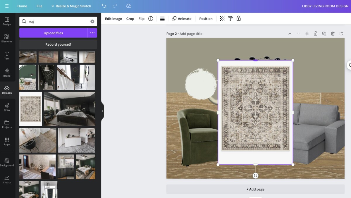 screenshot: image shows how to easily crop images to use them in design boards, showing this in canva with an image of a rug for a living room design board