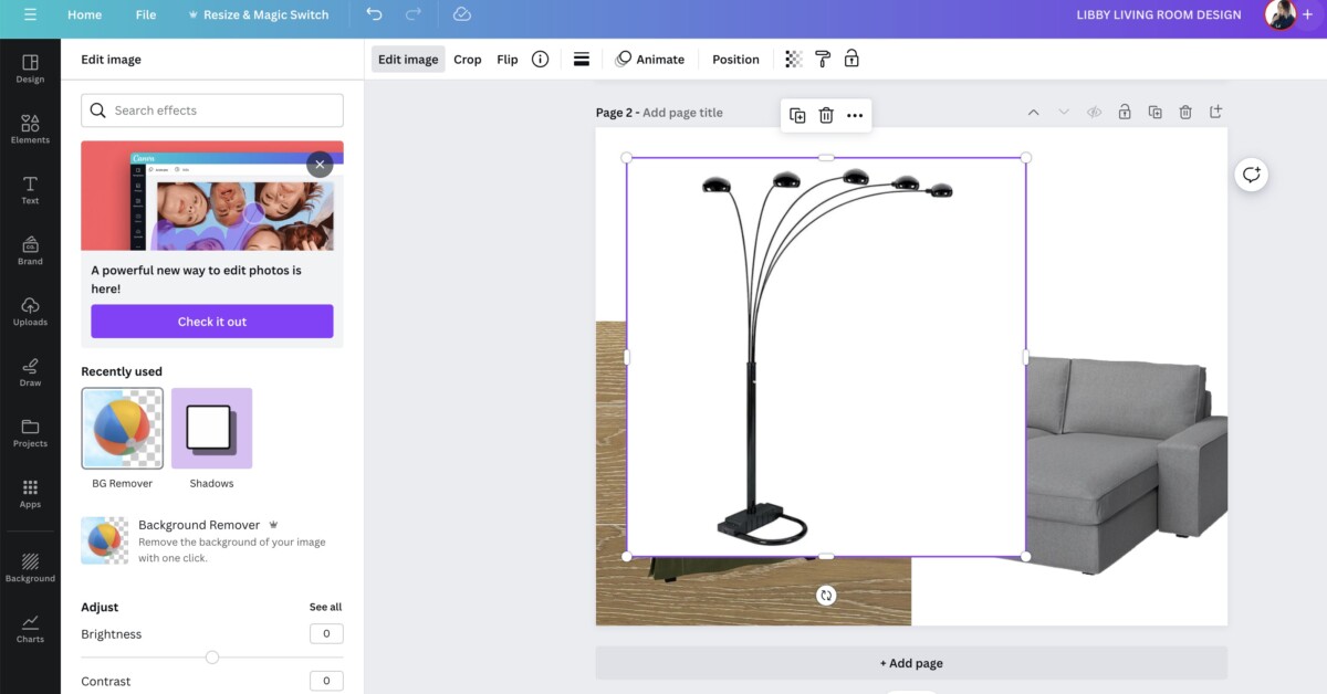 screenshot- image shows how to erase backgrounds of product images for design boards in canva, image being added with white background is a floor lamp
