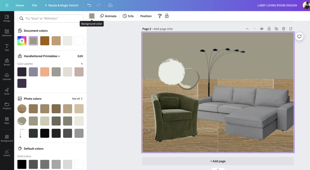 screenshot: image shows how to recolor the background of a design board for wall color in canva- living room design board in progress
