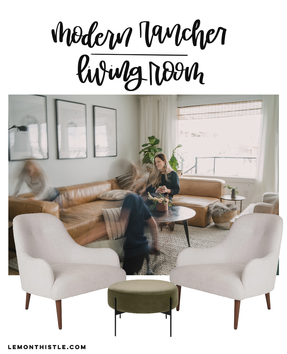 simple design board for a living room, text overlay reads modern rancher living room