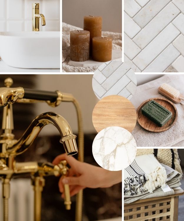 bathroom design board full of gold and white and creams and natural textures, collage of images and finishes (NO BACKGROUND REMOVER USED)