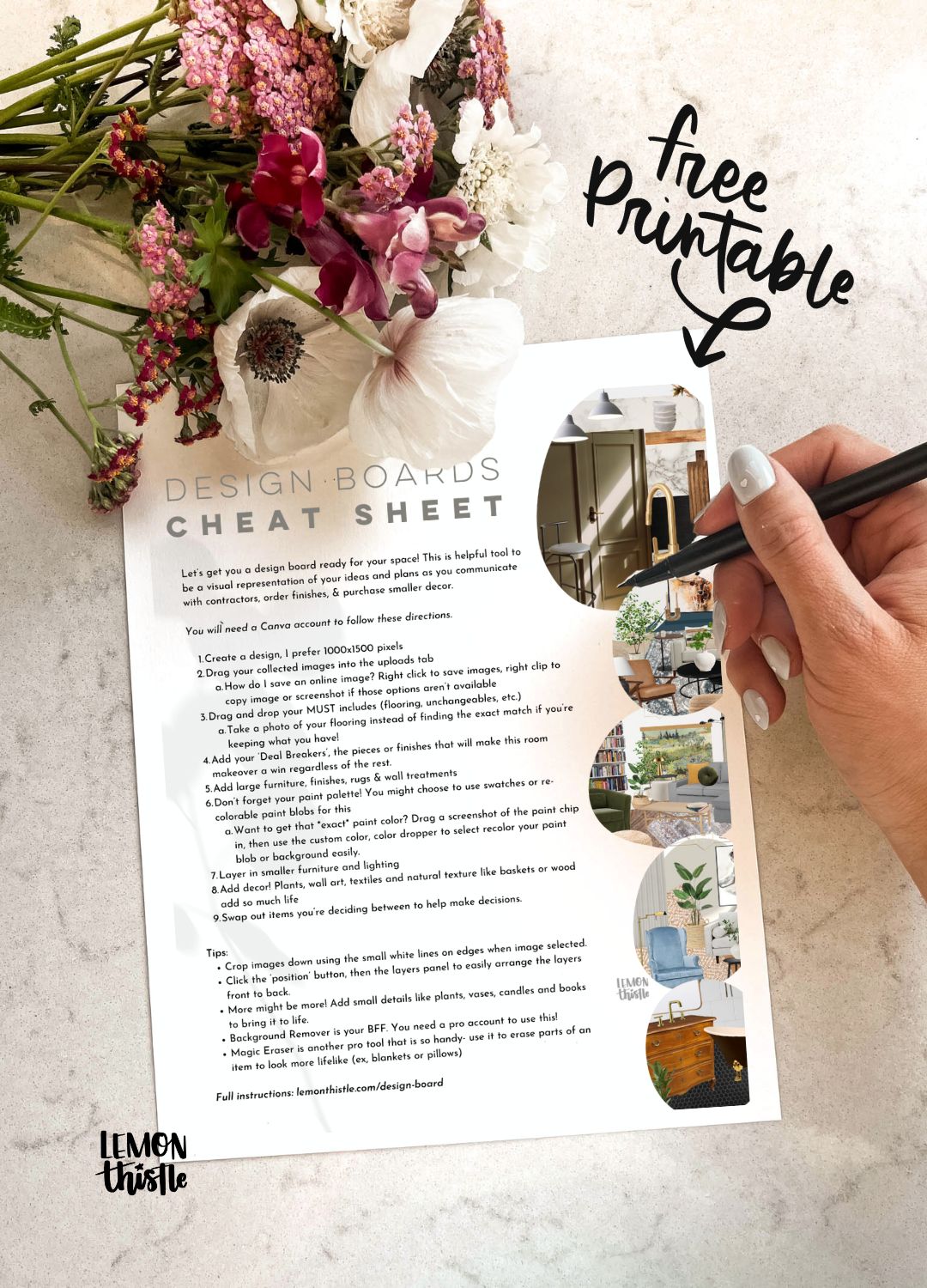image of pdf printable 'design board cheat sheet' with step by step process to make your own digital design board in canva. PDF printed and styled on marble countertop with fresh flowers and hand ready to check off steps text overlay reads: free printable