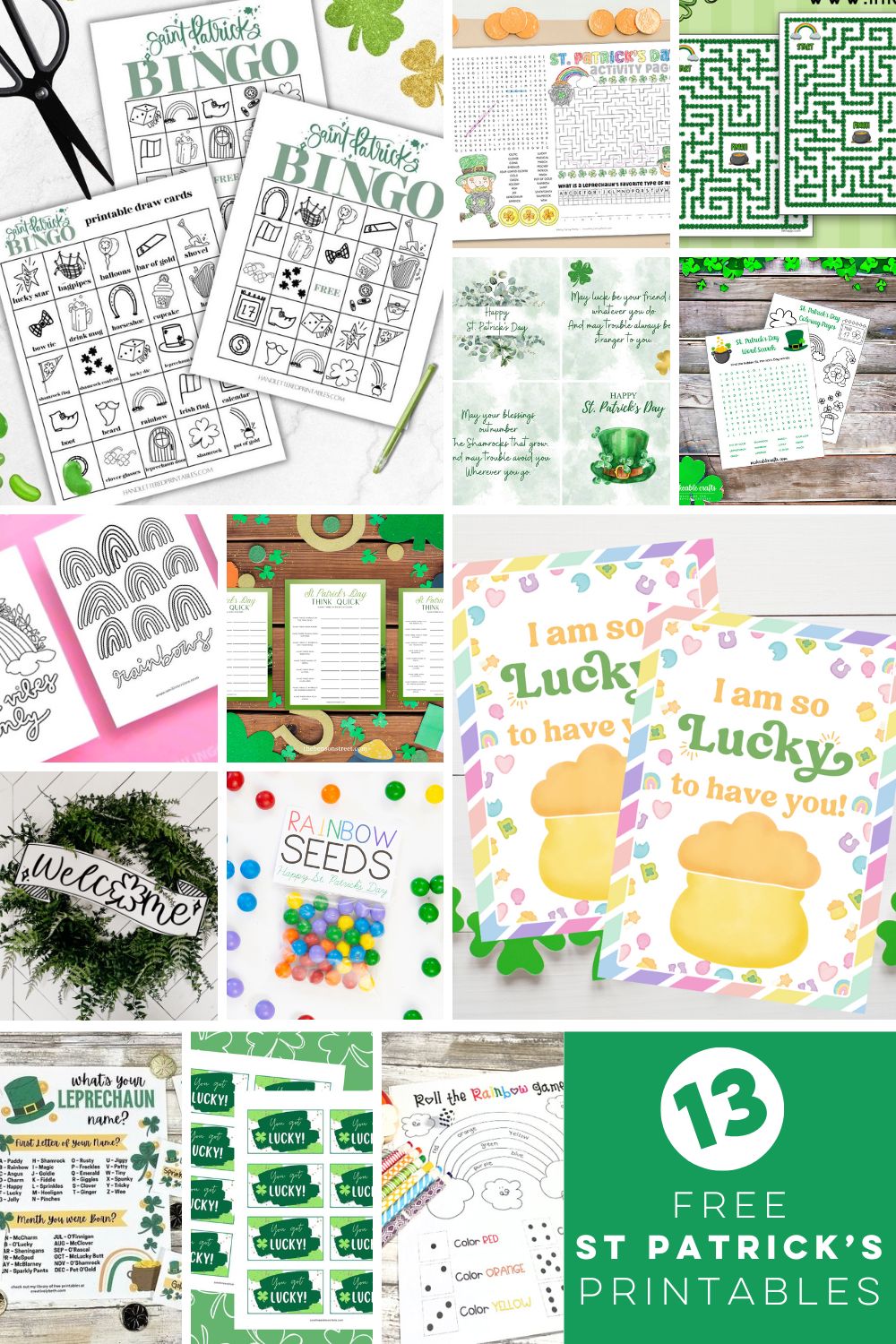 collage image of 13 free printables for saint patrick's day with title text