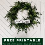 Image of printable welcome banner, brush lettered style black and white design with shamrock O (for saint patricks day) cut out and styled in a green fern wreath on a geometric barn door. Text overlay reads free printable welcome banners for saint patrick's day