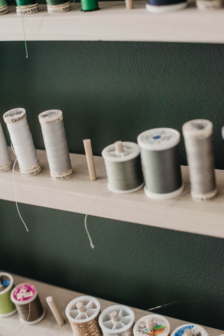 image of a thread shelf with thread on dowels image from blog post thats a introduction to the types of wood available for DIY projects