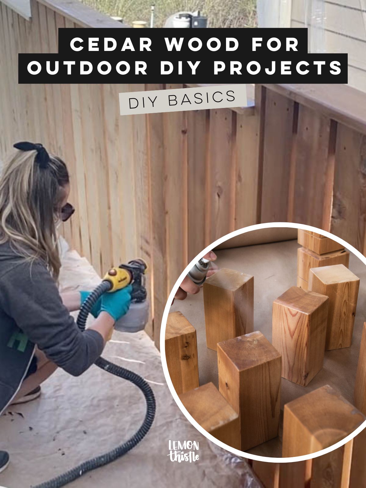 image of girl staining a cedar fence with a paint sprayer, second image shows cedar blocks for an outdoor game being sprayed with sealer. text over reads: cedar wood for outdoor diy projects (diy basics) image from blog post thats a introduction to the types of wood available for DIY projects