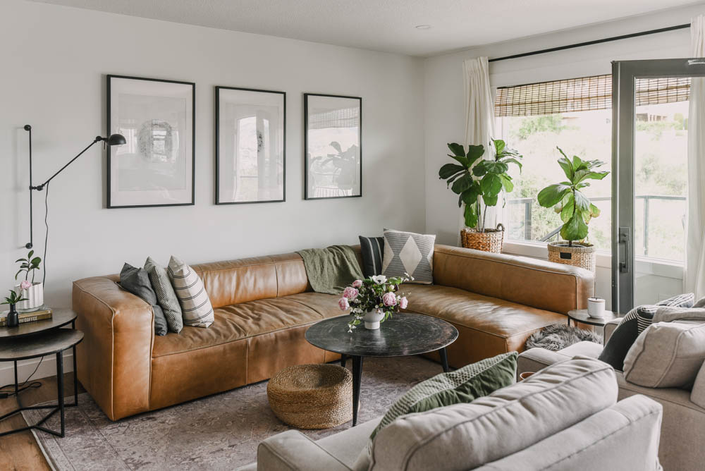 living room featuring two fiddle leaf figs to fill an empty corner behind the sofa.