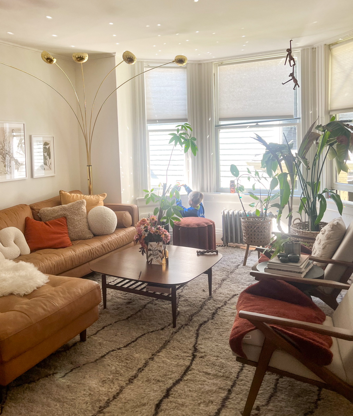 Image of a living room featuring lots of potted plants. small boy plays in the window