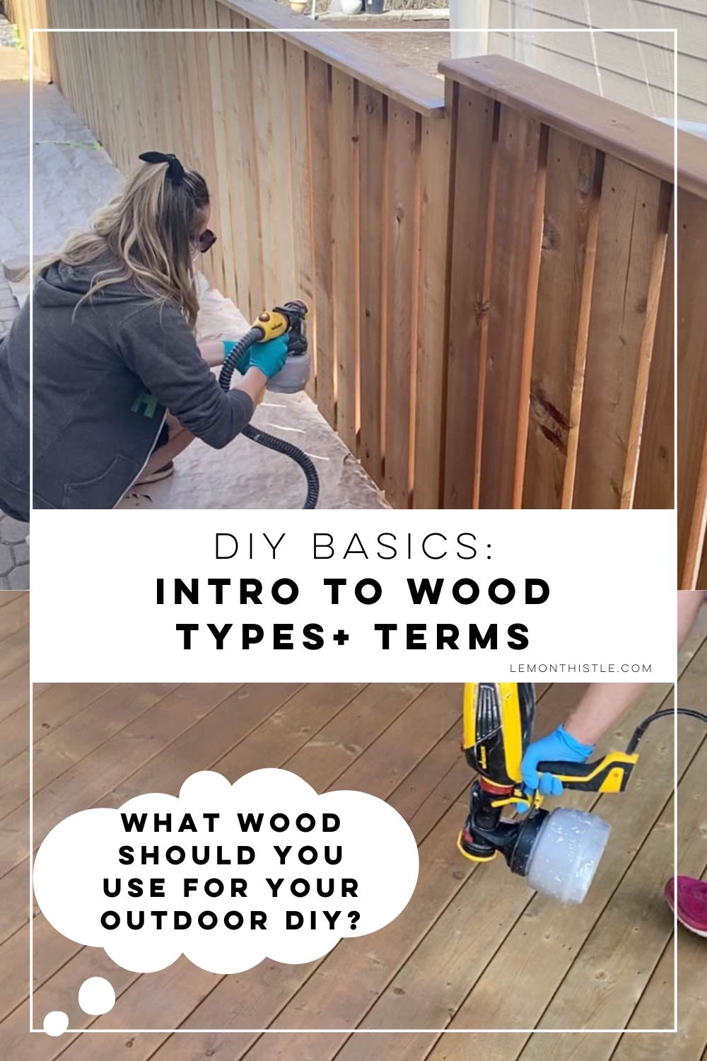 two images stacked show: cedar fence being stained as well as pressure treated wood deck being stained text over reads: DIY Basics: An Intro to wood types and terms with other text: what wood should you use for your outdoor diy?