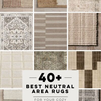 text reads: 40+ best neutral area rugs for your cozy modern home decor image is a collage of neutral area rugs from the blog post