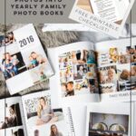 image of family photo books laid open on bed for reading, text overlay reads: how to easily organize photos into yearly family photo books. Image overlay shows checklist on clipboard with text label that says free printable checklist