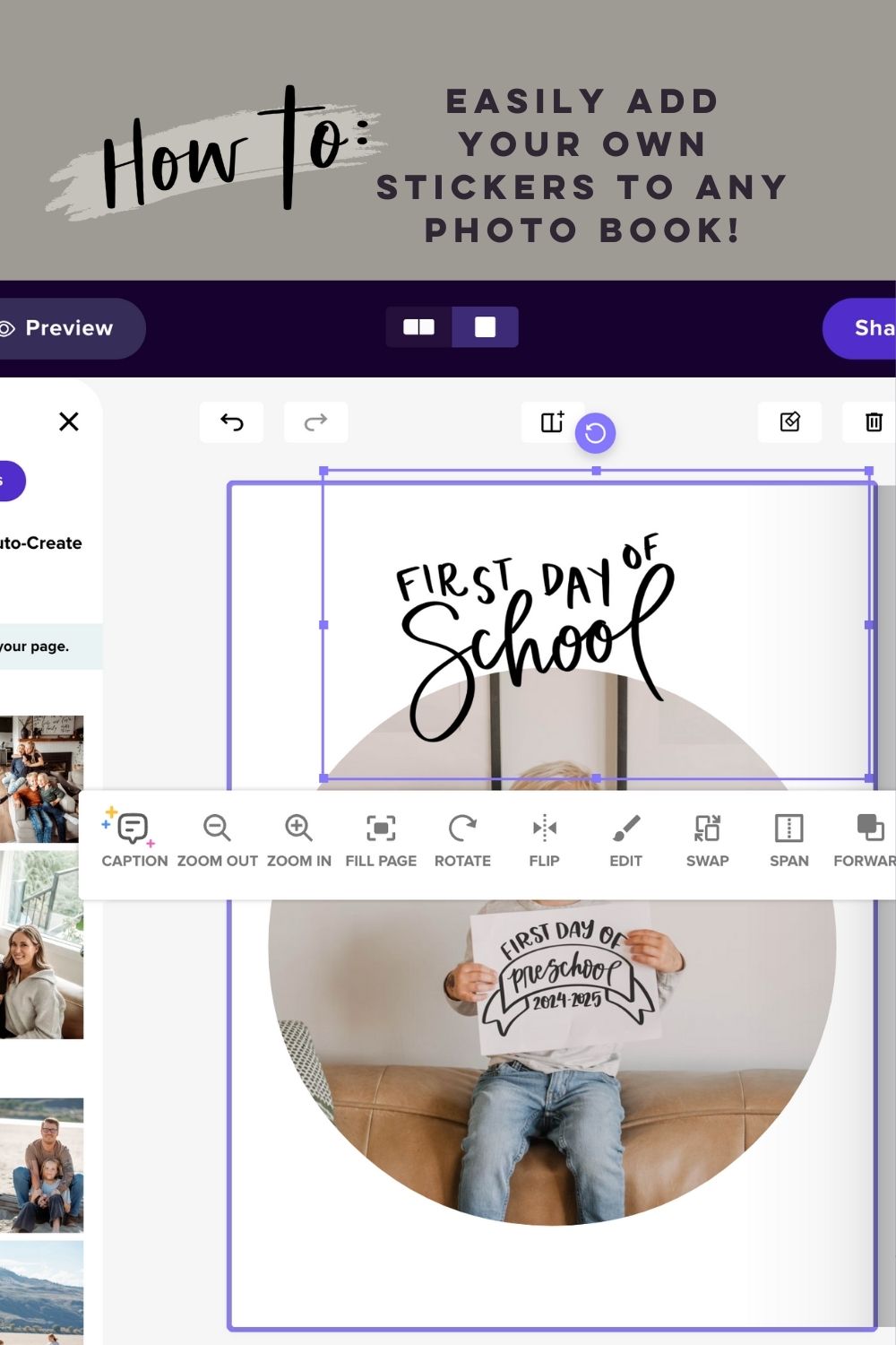 screen grab of photo book editor, adding own embellishments as photos (with transparent background)