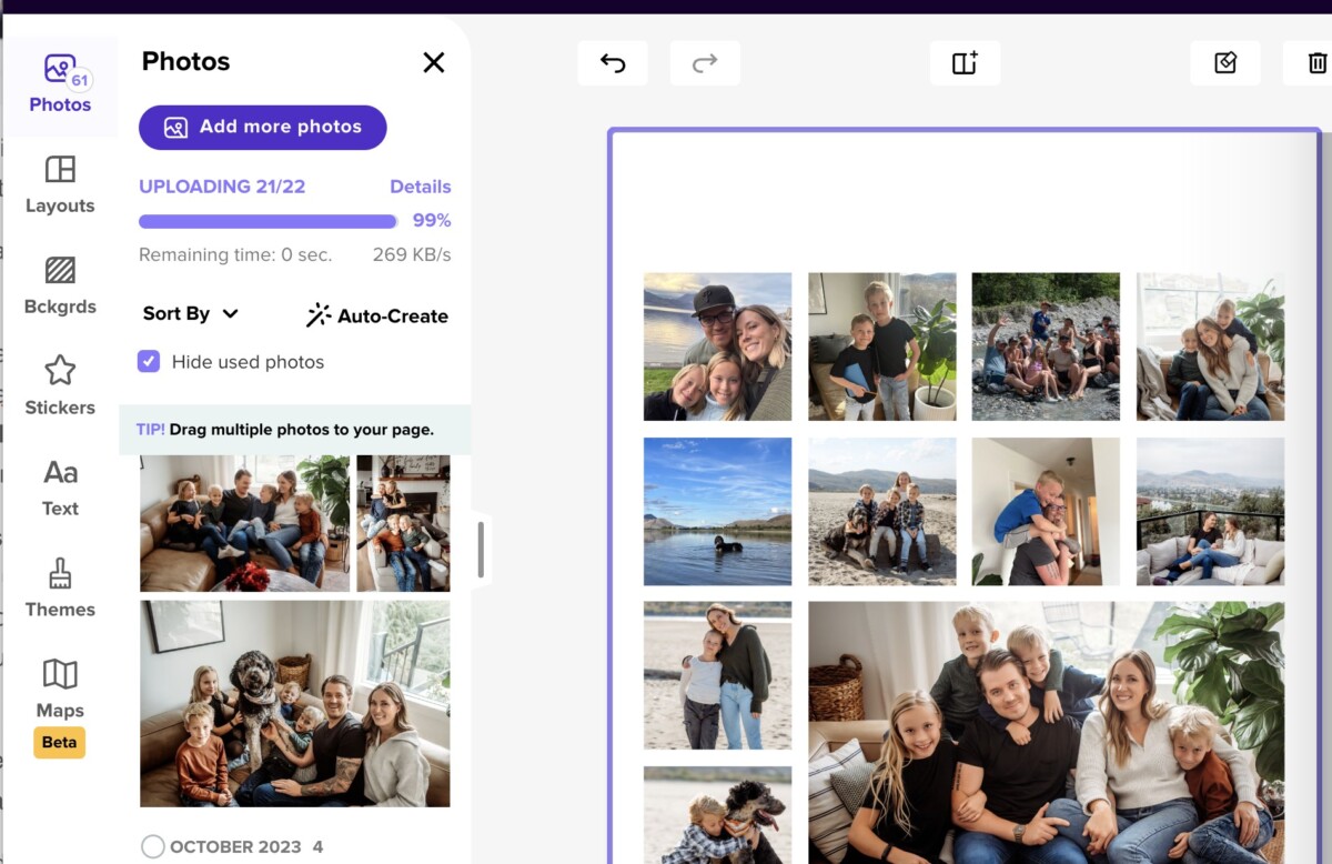 Screen grab of mixbook photo book editor, designing pages