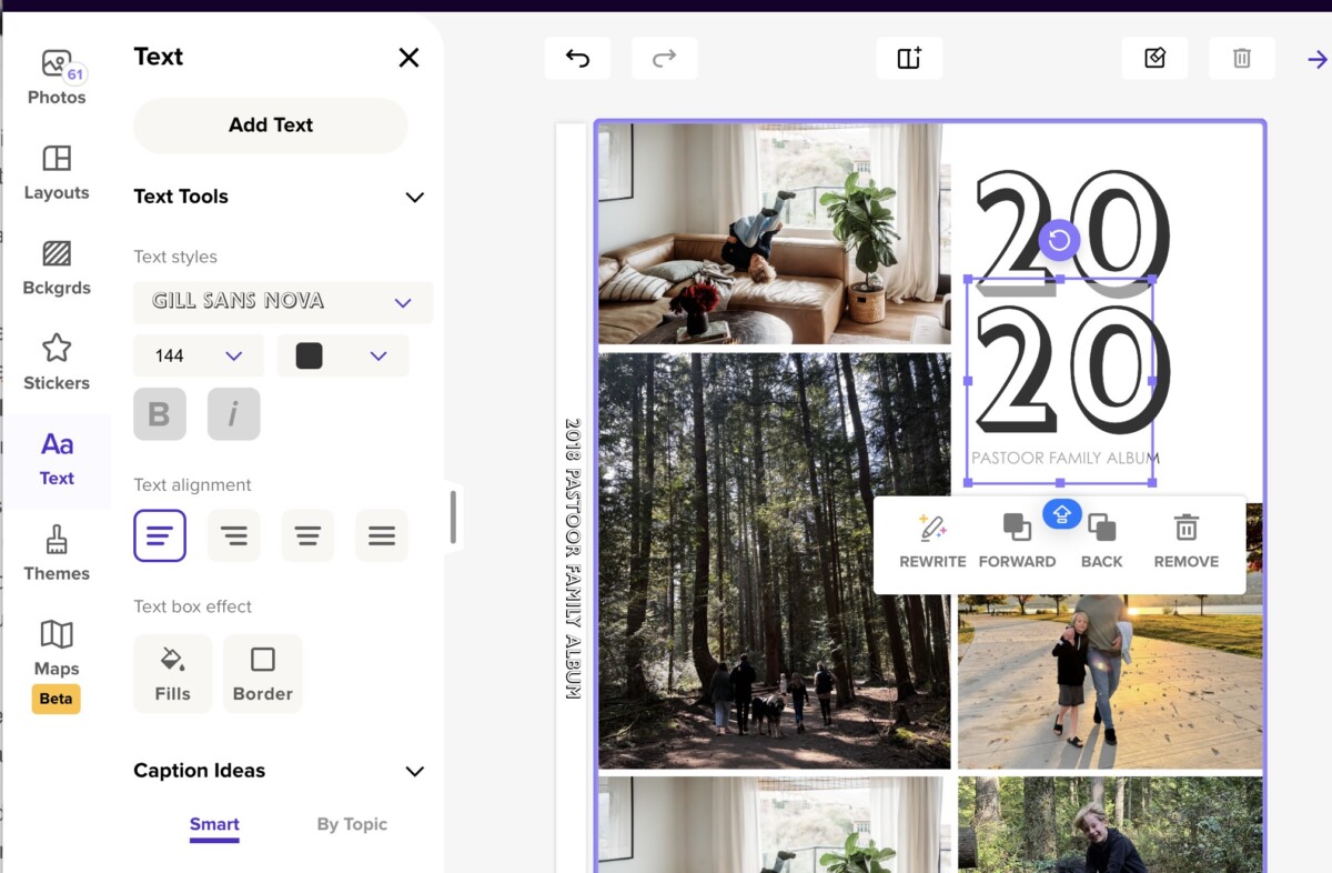 screen grab of designing a cover on mixbook photo book editor